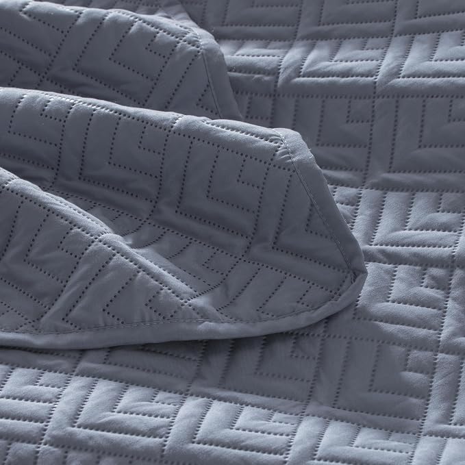 EXQ Home Twin Quilt Set Lightweight Squares Pattern Bluish Grey Bedding Set | - Image 6