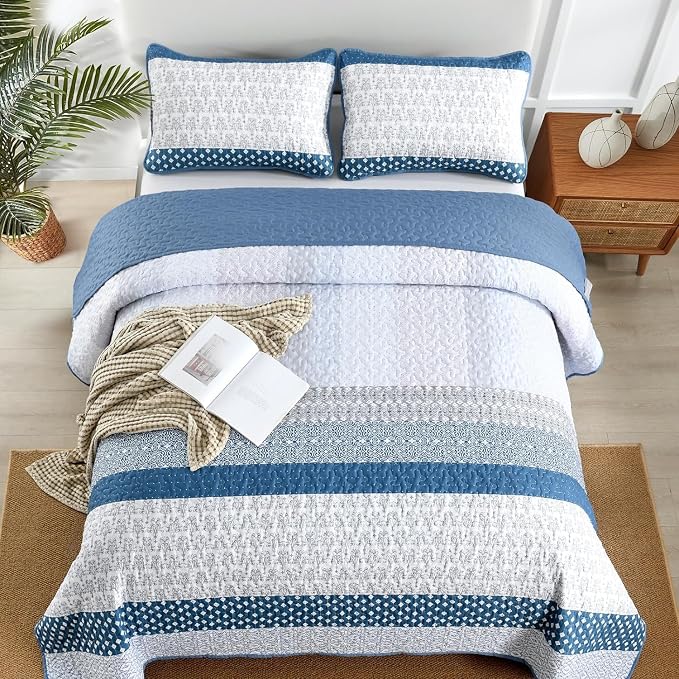 WONGS BEDDING Blue Full Size Quilt Set, Bohemian Striped Bedspreads | - Image 3