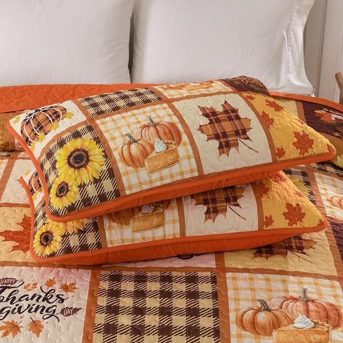 Anibedding 3Pieces Fall Patchwork Quilts King Size, Pumpkin Maple Leaves - Image 5
