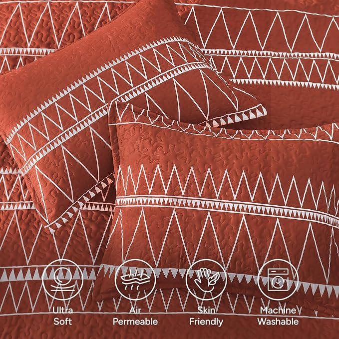 Burnt Orange King Size Quilt Set, 3 Pieces Boho Striped Bedspread | Soft - Image 5