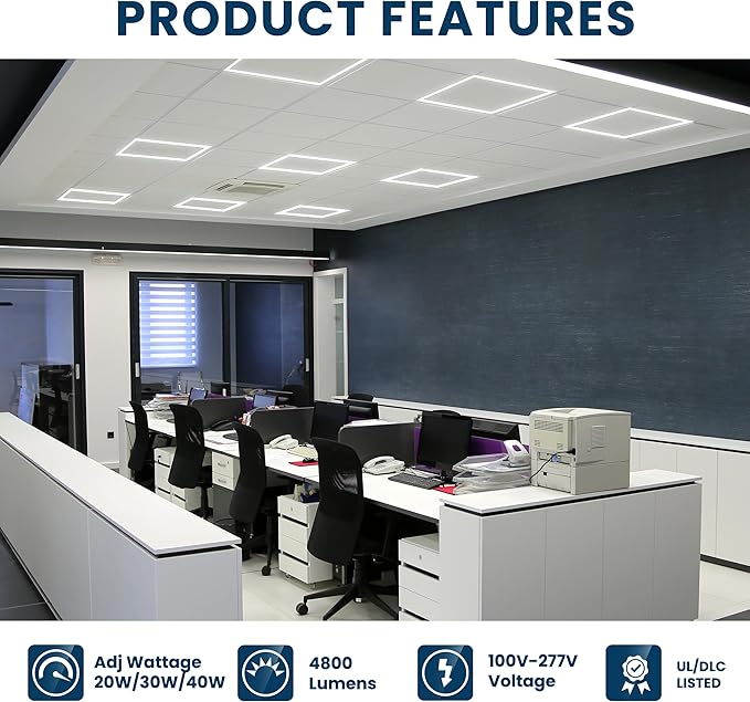 Nothing BUT LEDs 2x2 FT Edge-Lit Frame LED Flat Panel Lights, 5CCT Selectable 3000K‑6500K & 20W/30W/40W, 5000LM, 0‑10V Dimmable, Drop Ceiling Grid Light Fixture, ETL & DLC Listed, 100‑277V – 4 Pack