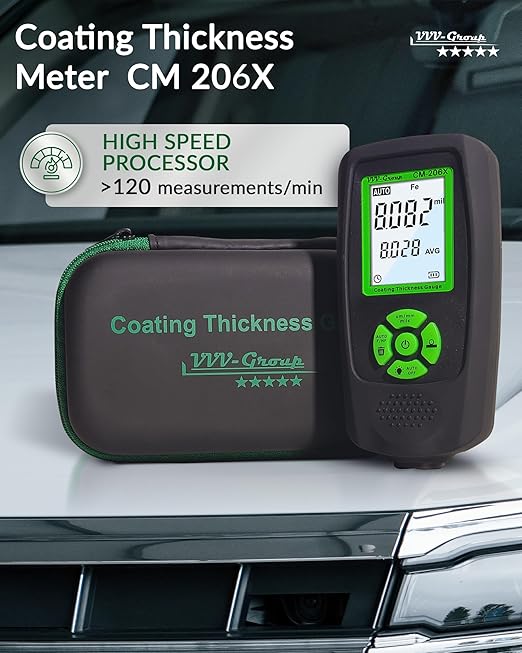 VVV-Group Paint Thickness Gauge CM-206X | Coating Thickness Meter Fe/Al/Zn | Auto Paint Depth Gauge Car Tester with High-Precision Probe, Multi-Unit Display & Auto Calibration