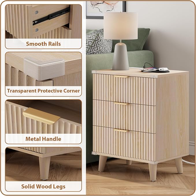 Wood Bedside Table w/Charging Station, 3 Drawers Fluted Dresser | Natural - Image 7