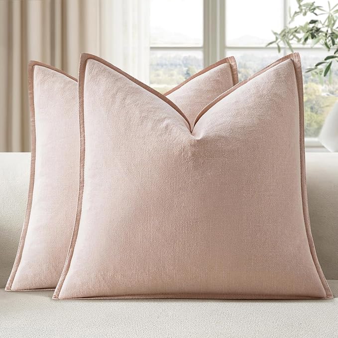 EMEMA Throw Pillow Covers Decorative Linen Pillow Covers 20x20 Inch Pink Boho Farmhouse Neutral Couch Throw Pillows for Bed Pack of 2 Accent Pillowcase Modern Sofa Cushion Livingroom Home