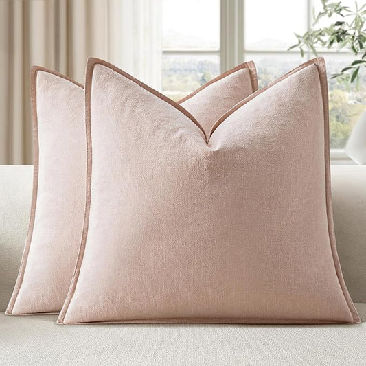 EMEMA Throw Pillow Covers Decorative Linen Pillow Covers 24x24 Inch Pink Boho Farmhouse Neutral Couch Throw Pillows for Bed Pack of 2 Accent Pillowcase Modern Sofa Cushion Livingroom Home
