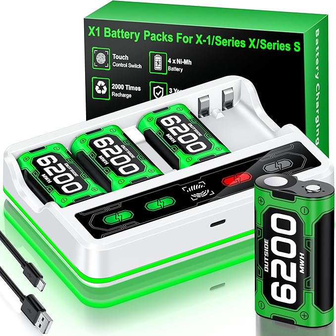 Upgraded Fast Charging Rechargeable Battery Packs with Light Control, 4 x 6200mWh White Batteries with Charger Dock/Storage for Series X|S, One S/X/Elite Game Controllers, Cases and Storage Sets,White