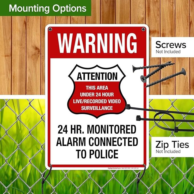 Warning 24 HR. Monitored Alarm Connected To Police Sign, 10x14 Inches, 55 mil thick HDPE (high density polyethylene), Made in USA by My Sign Center