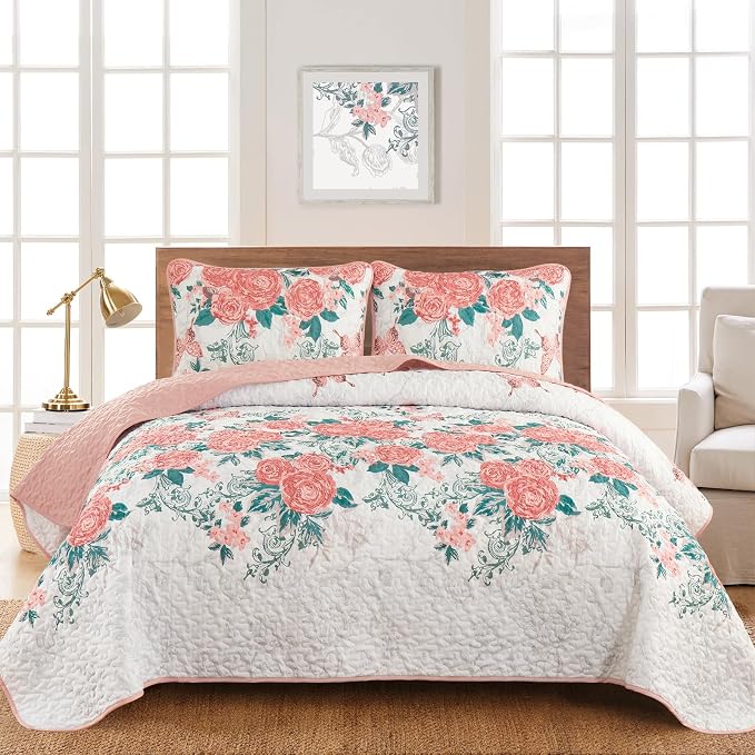 Yiran Pink Floral Quilt Set Queen Summer Botanical Bedspreads Bedding Set | 3 by Yiran