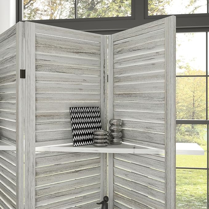 HOMCOM Room Divider with Shelves, 4 Panel, Distressed White | Wood Privacy - Image 9