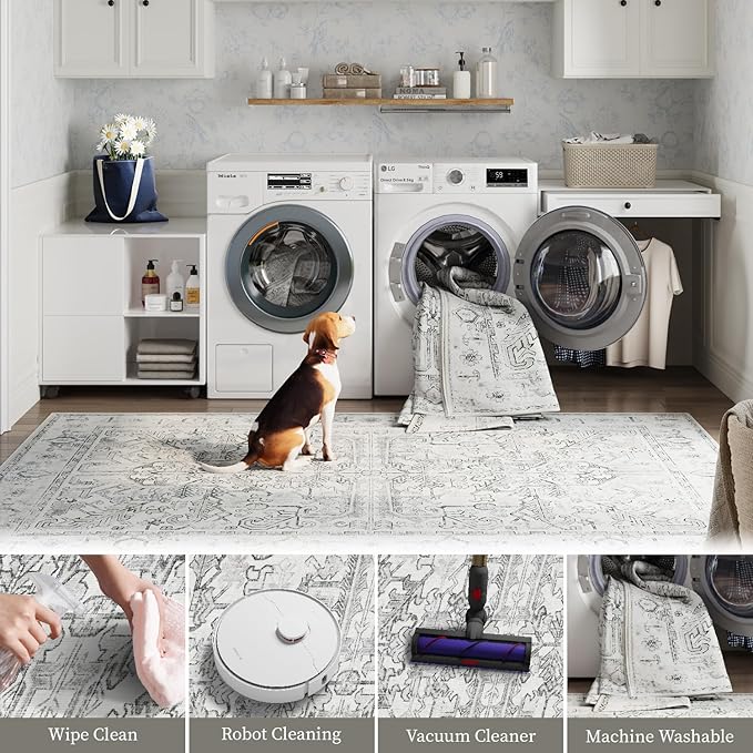 jinchan Lima Runner Rug 2x6 Washable Hallway Runner - Vintage Floral Non Slip Low-Pile Soft Ultra-Thin Kitchen Rug Distressed Carpet for Farmhouse Bedroom Entryway Laundry Room (2x6ft, Grey)