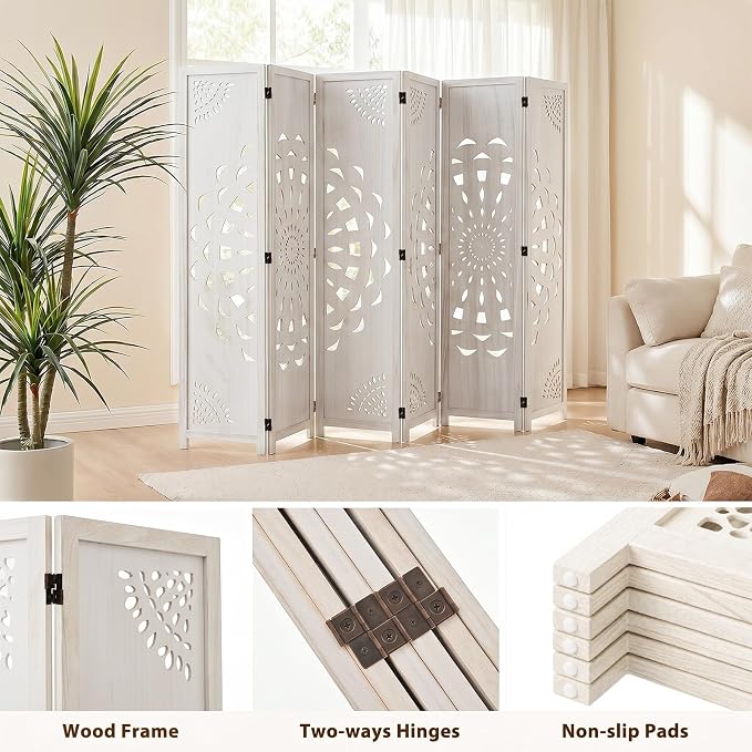 6 Panel Room dividers, 66.9" Boho Double-Sided Carved Screen, Freestanding - Image 2