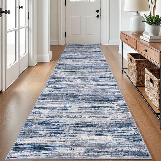 2.6x12 Modern Abstract Runner Rug for Hallways, Navy Blue Gray Neutral Multi Super Soft Hallway Decor Kitchen Rugs with Non-Slip, Non-Shedding Washable Rug for Entryway Bedroom Indoor