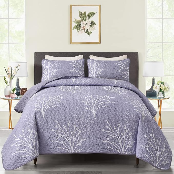 DJY Purple Quilt Set Queen Size Branch Botanical Bedspread Coverlet Set | 3 by HOME