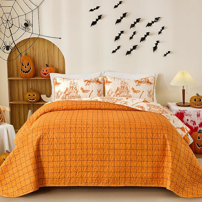 WONGS BEDDING Queen Pumpkin Castle Quilt Set, Halloween Bedspread Bedding | - Image 4