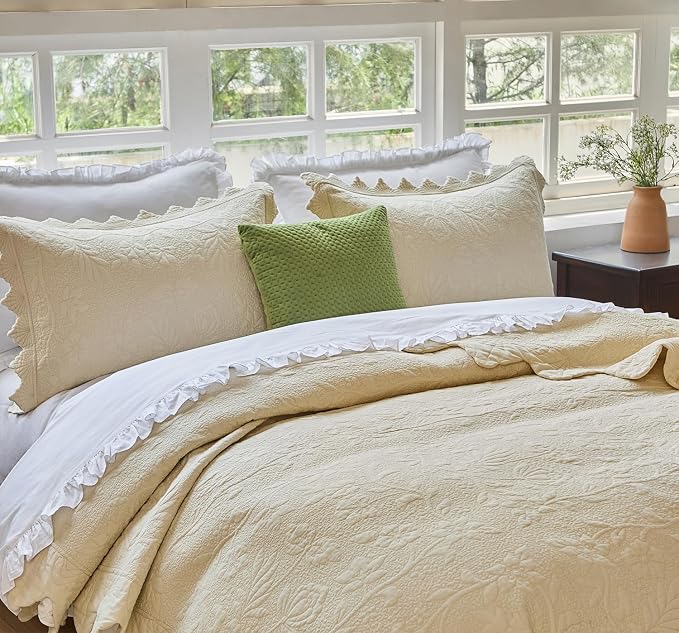 Brandream Queen Size Quilt Set Cotton Beige Quilts Luxury Farmhouse Bedding Set - Image 6
