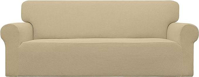 Easy-Going Stretch Sofa Slipcover 1-Piece Sofa Cover Furniture Protector Couch Soft with Elastic Bottom for Kids, Polyester Spandex Jacquard Fabric Small Checks (Sofa, Beige)