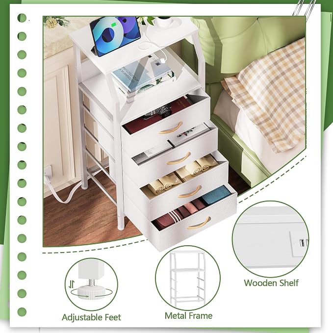 White Nightstand with Charging Station, 4 Drawers Bedside Table | 33.3 Inch - Image 7