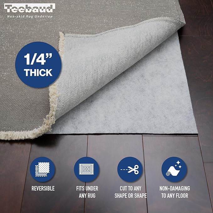 2' x 12' Non-Slip Rug Pad, Reversible Gripper, Non Skid Pads for Hardwood, Vinyl, Tile, Laminate Floors, Keep Area Rugs Secure, Natural Materials Safe for Indoor Flooring, ¼” Thick