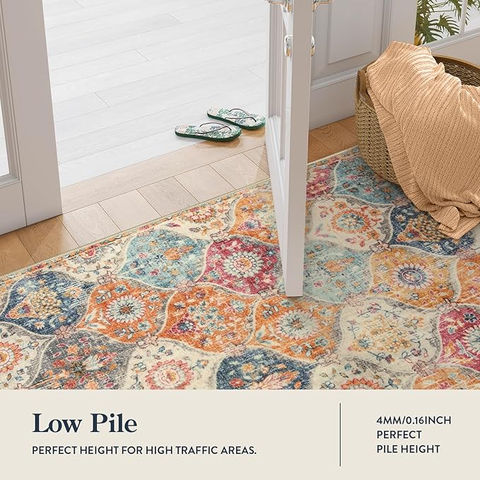 Lahome Moroccan Trellis Hallway Rug, 2x5 Washable Runner Rug Non Slip Kitchen Runners for Hallways, Ultra-Thin Vintage Carpet for Bedroom Bathroom Entryway, Cream/Multi