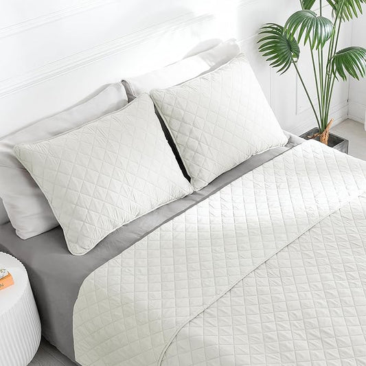 Easy-Going Full/Queen Size Reversible Quilt Set with 1 Quilt and 2 Pillow Shams, Soft Bed Quilt Cover, Water Resistant Lightweight Microfiber Bedspread, Stain Resistant, Ivory/Ivory