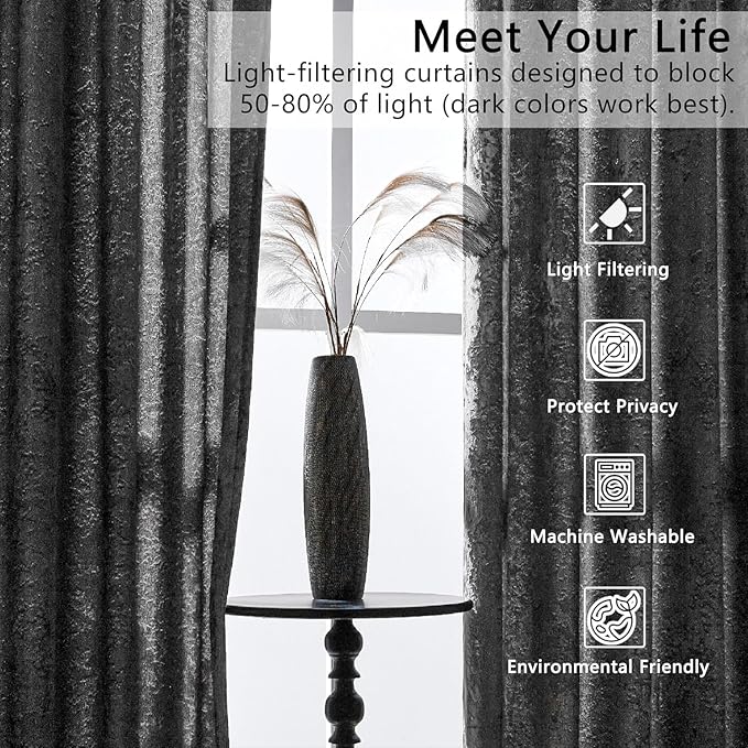 SMILETIME Grey Crushed Velvet Curtains 52x108 inch Luxurious Thermal Insulated Soundproof Drapes for Living Room Bedroom Office Soft and Durable Light-Filtering Window Treatments, 2 Panels