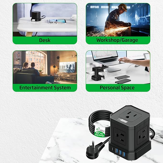 Cube Power Strips with Surge Protection, 6ft Extension Cord with Multiple Outlets, 5 Ac Plugs, 3 USB, 1 Usbc Fast Charging Power Strip with USB Ports, Mountable On/Off Switch Charging Station