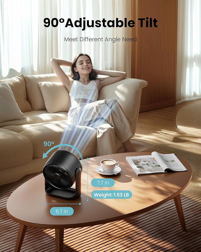 Gaiatop Desk Fan with Touch Control, 4000mAh Battery, 5 Speeds Ultra Quiet Bedroom Fan with LED Display, 90° Tilt, 7.7 In USB-C Rechargeable Desktop Fan for Dorm Office Room Home Office, Black Purple