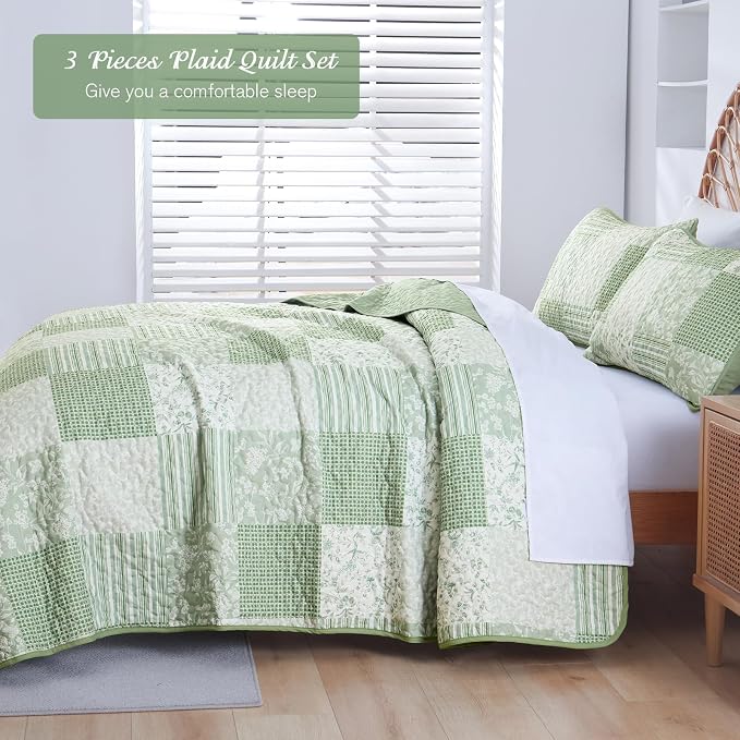 Mybedsoul Light Green Quilt Set Full Size, 3 Pieces Plaid Floral Bedspread Set - Image 3