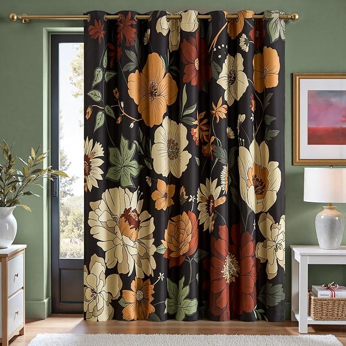 jinchan Black Boho Floral Blackout Curtains W100xL84 Grommet 1 Panel | Room by JINCHAN