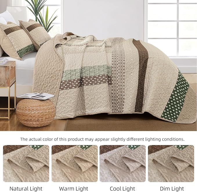 WONGS BEDDING Khaki Quilt Queen Size, Soft Stripe Bedspreads | Reversible - Image 5