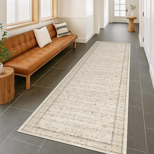 2'6"x10' Extra Long Runner Rugs for Hallways Non Slip, Machine Washable Rug Runner for Kitchen Floor, Entryway, Soft Low Pile Neutral Light Beige Décor, Geometric Floral Pattren Stain Resistant Carpet