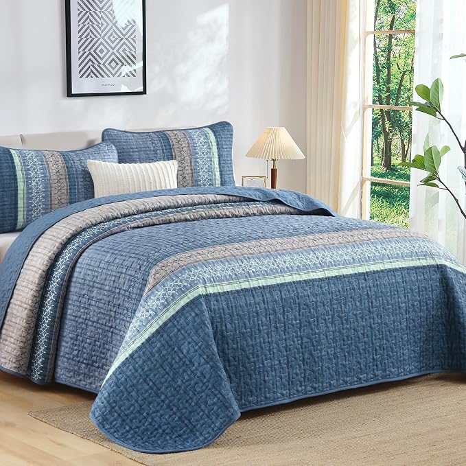 Cottolester Blue Quilt Set California King, Boho Striped Quilted Bedding Set | - Image 2