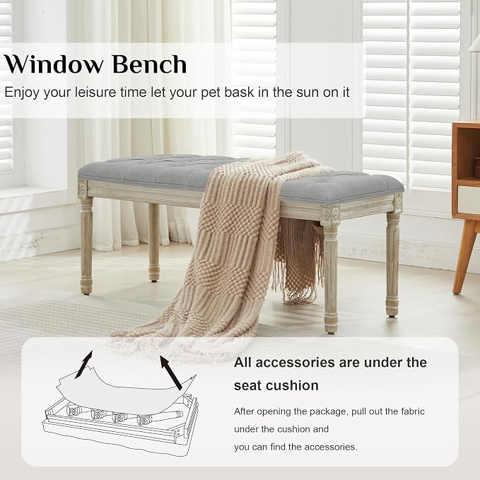 LOULENS 43.9" Linen End of Bed Bench, Vintage Bedroom Bench, Light Grey | French - Image 3