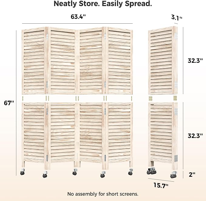 Amsleekey 4 Panel Wood Room Divider, Lockable Wheels, Freestanding Wall Divider - Image 7