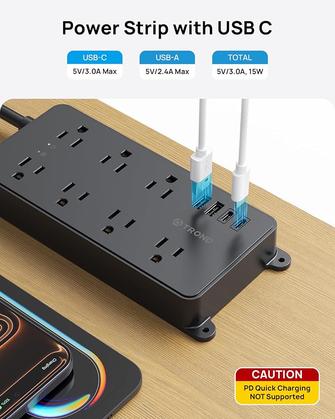 TROND Power Strip Surge Protector 10ft, ETL Listed, Wall Mountable, 7 - Image 3