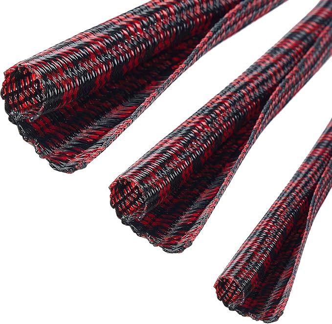 QCSIW Split Cable Sleeve, 3/4" 25ft Black Red Braided Wire Loom for Home Cable Management, Pet Chew Protection and DIY Cord Organizer for Desk and Home Theater