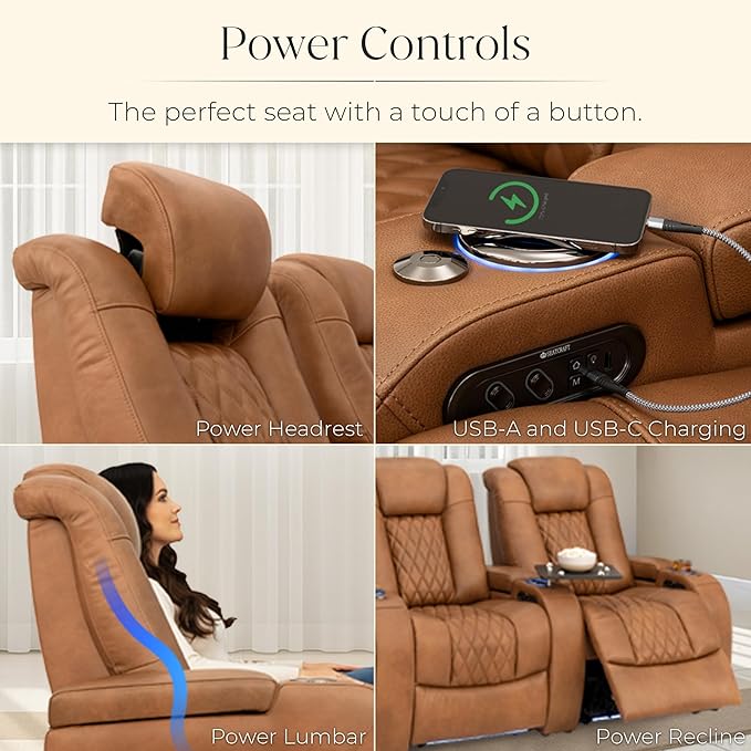 Seatcraft Diamante Zero-Gravity CoolZero Italian Leather Home Theater Seating, Power Headrest, Power Recline, Row of 4 Sofa, Tawny