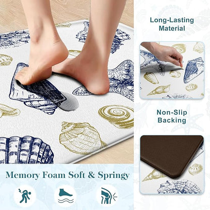Kitchen Mats for Floor Cushioned Anti Fatigue Sets of 2 Beach Theme Kitchen Rugs Non Slip Waterproof Coastal Foam Kitchen Floor Rug Nautical Seashell Comfort Standing Mat for Sink Laundry, Navy
