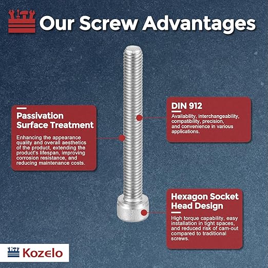 Kozelo 5pcs Socket Head Cap Screws - [M8-1.25 x 70mm] 304 Stainless Steel Allen Socket Drive for Electrical Motor 3D Printing Fan Engine Replacement Use, Silver