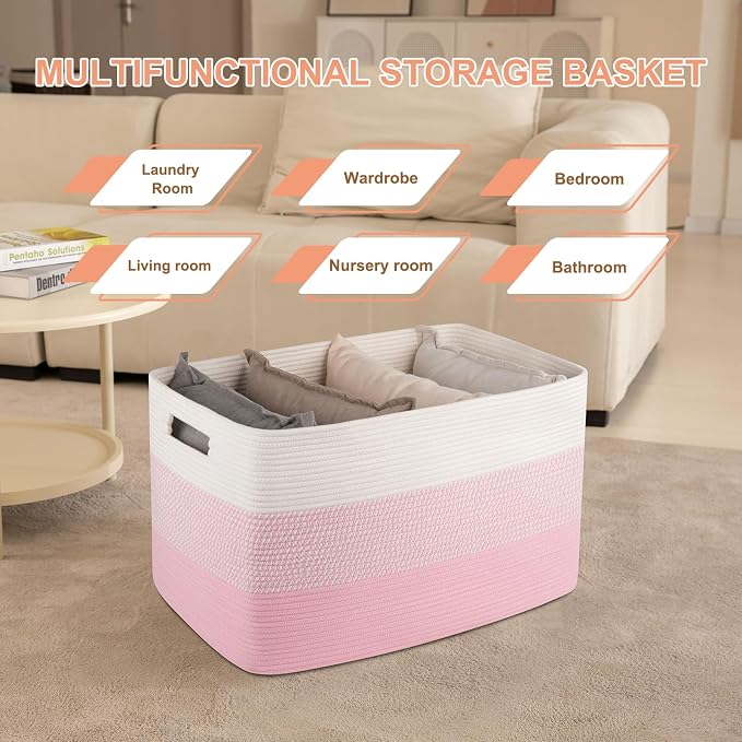 OIAHOMY 108L Extra Large Blanket Basket Dog Toy Basket Pink&White | Rectangle - Image 4