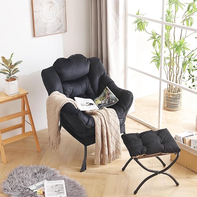 Lazy Chair with Ottoman, Comfy Accent Reading Chair, Velvet Black | Foldable - Image 9