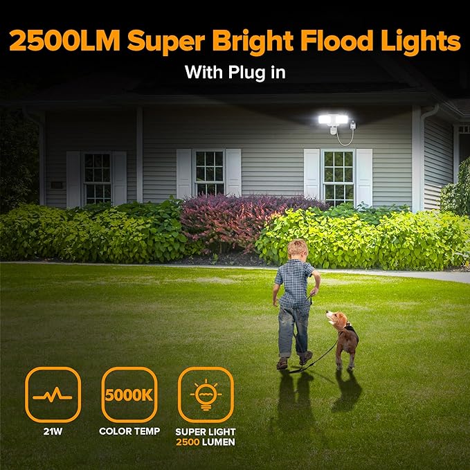 LUTEC 21W Plug in Motion Sensor Light Outdoor, Flood Lights Outdoor Motion Sensor,2500LM, 5000K Daylight,IP65 Waterproof,Adjustable 2 Heads Wall Light for Garage, Porch, Yard - White