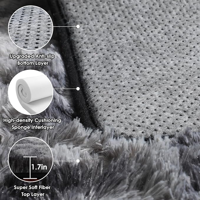 Runner Rugs for Bedroom Living Room, Fluffy Tie-Dyed Dark Grey 2x6 Bedside - Image 2