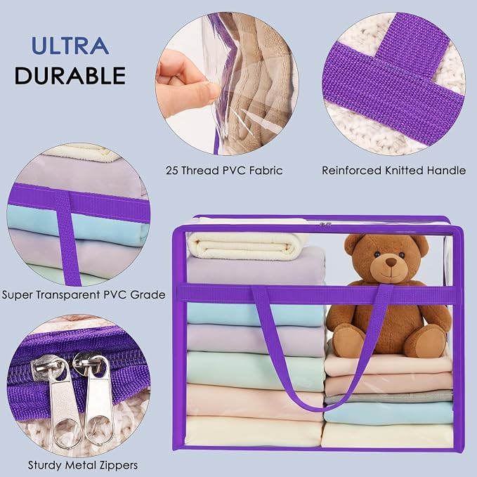 Blanket Storage Bags 4 Pack 60L Clothes Comforter Bedding Container Purple | - Image 3