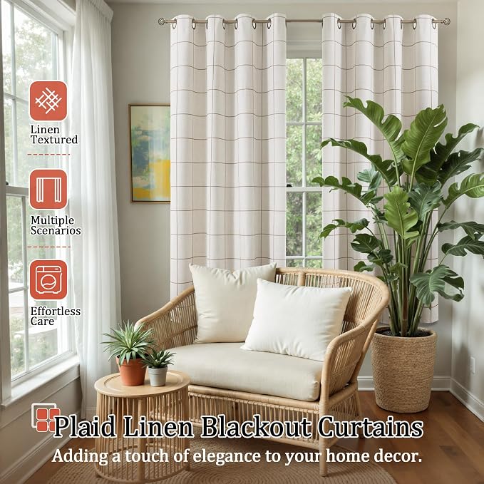 Brown Plaid Linen Blackout Curtains - Image 2