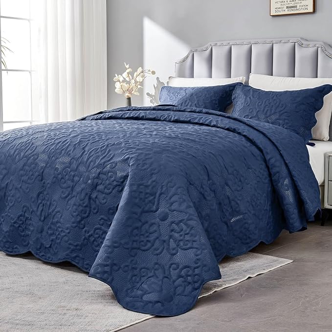 Kingnex Oversized King Bedspreads 128x120 Navy | Lightweight, Extra Wide Quilt by Kingnex