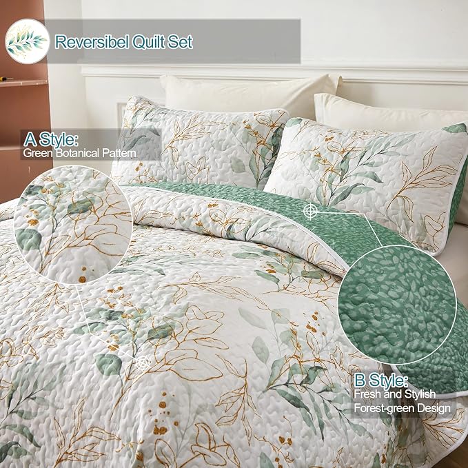 Anibedding Floral Quilt Set King Size, 3 Pieces Botanical Print Bedspread | - Image 2