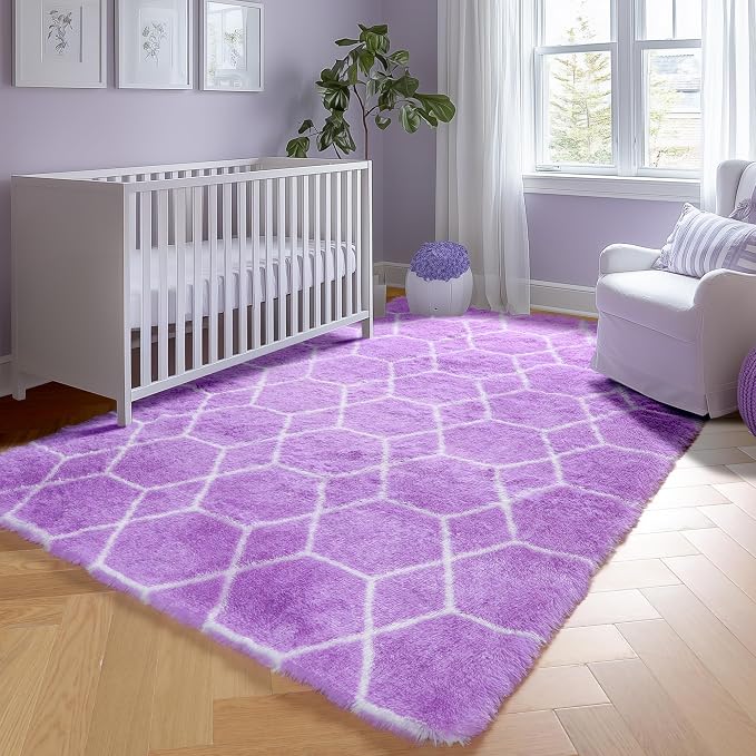 5x7 Area Rugs for Living Room Bedroom, Fluffy Purple and White Throw Rug - Image 8