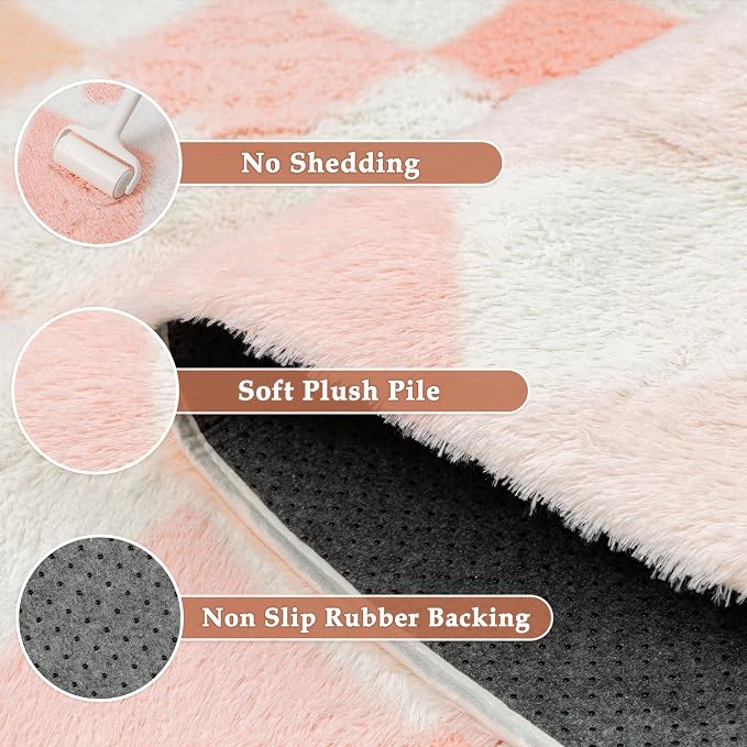 Pink 5x7 Area Rug for Kids Room Soft Checkered Shag Carpet | Machine Washable - Image 6