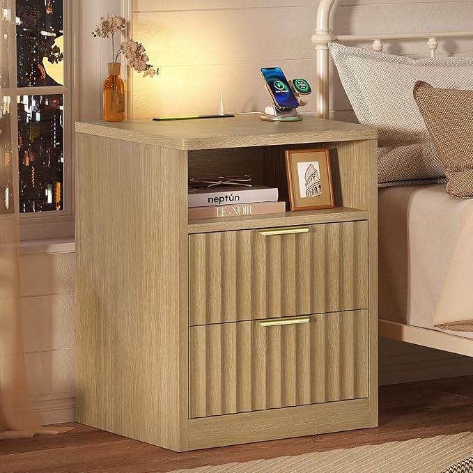 TEENFON Fluted Night Stand, Nighstand with Charging Station and LED Light, Modern Bed Side Table for Small Space, Storage Drawer and Open Shelf, for Bedroom, Natural